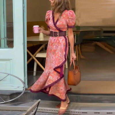 Stacy - Elegant Pink Short Sleeve Maxi Dress