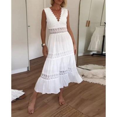 Meredith - Sleeveless Midi Dress with V-Neck and Delicate Lace Details