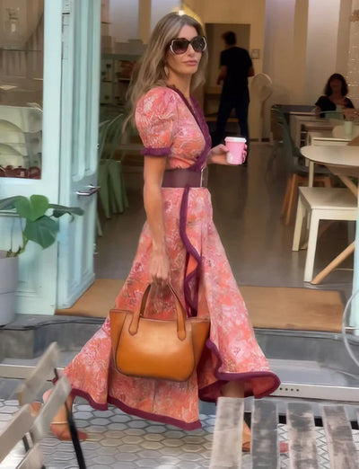 Stacy - Elegant Pink Short Sleeve Maxi Dress