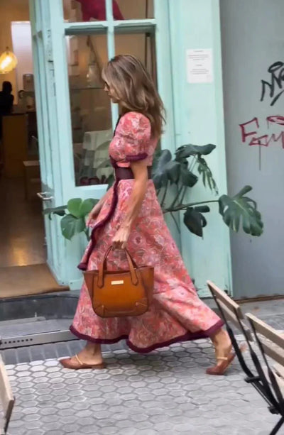 Stacy - Elegant Pink Short Sleeve Maxi Dress