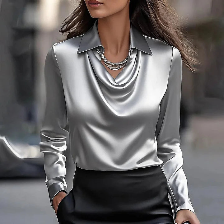 Timeless Satin V-Neck Elegance Blouse with Unique Draping