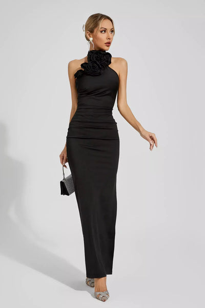 Natalie Red Floral Ruched Halter Maxi Dress