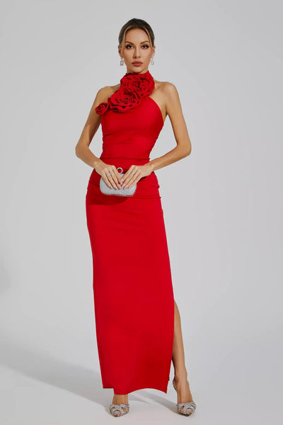 Natalie Red Floral Ruched Halter Maxi Dress