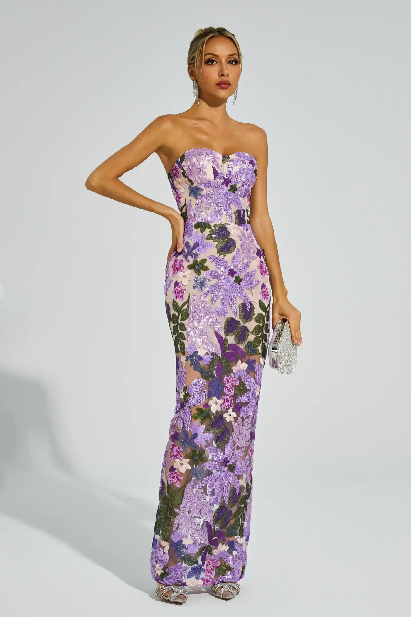 Leanna Purple Embroidered Sequins Maxi Dress