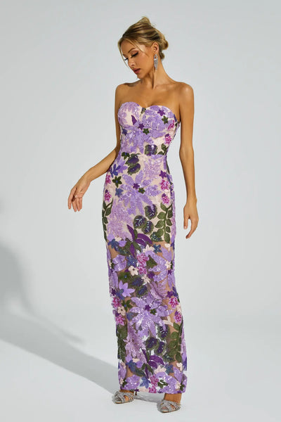 Leanna Purple Embroidered Sequins Maxi Dress