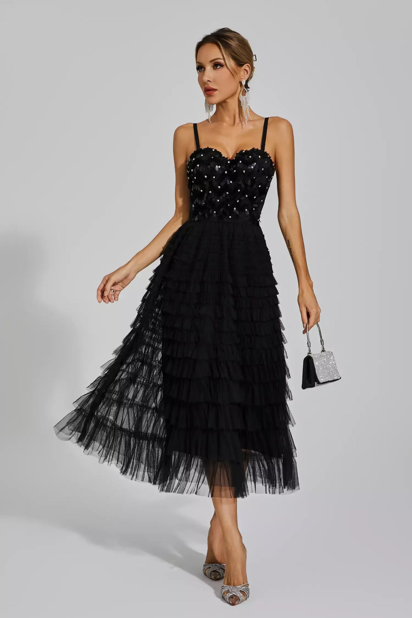 Tatiana Black Sequins Slip Maxi Dress
