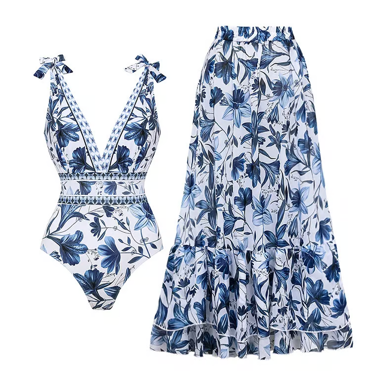 Blue Bloom Set – Swimsuit & Skirt